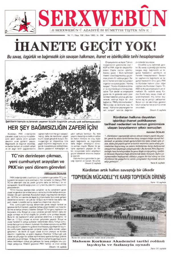 Serxwebûn — Ekim 1992. Sayı 130 kapağı