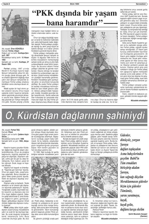 Serxwebûn — Ekim 1994. Sayı 154 kapağı