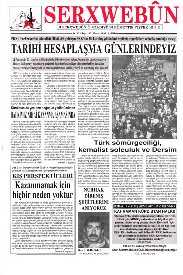 Serxwebûn — Kasim 1993. Sayı 143 kapağı