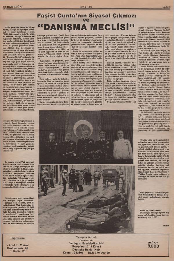 Serxwebûn — Ocak 1982. Sayı 001 kapağı