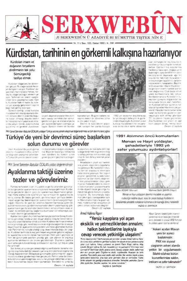 Serxwebûn — Subat 1992. Sayı 122 kapağı