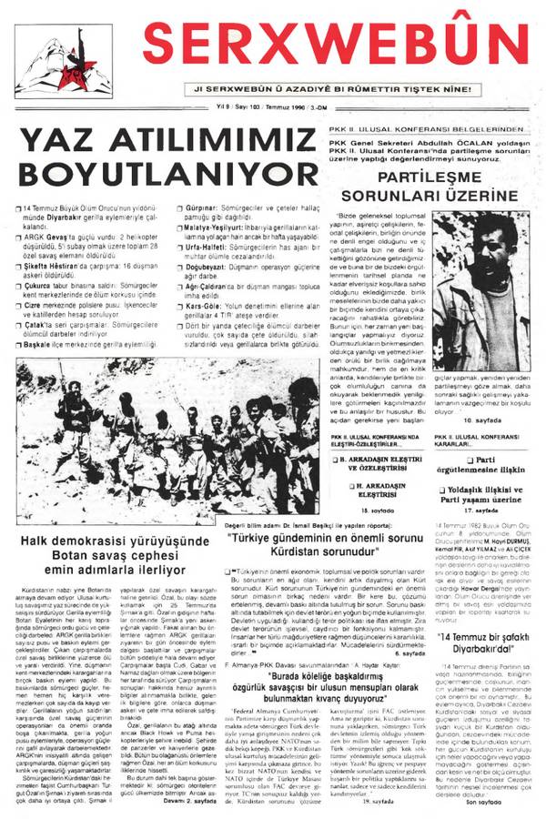 Serxwebûn — Temmuz 1990 Sayı 103 kapağı