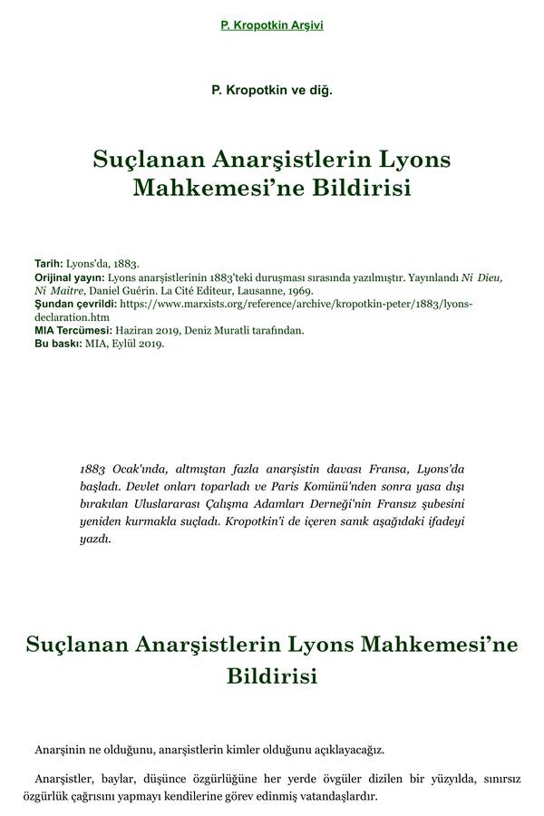 Suçlanan Anarşistlerin Lyons — Mahkemesine Bildirisi kapağı