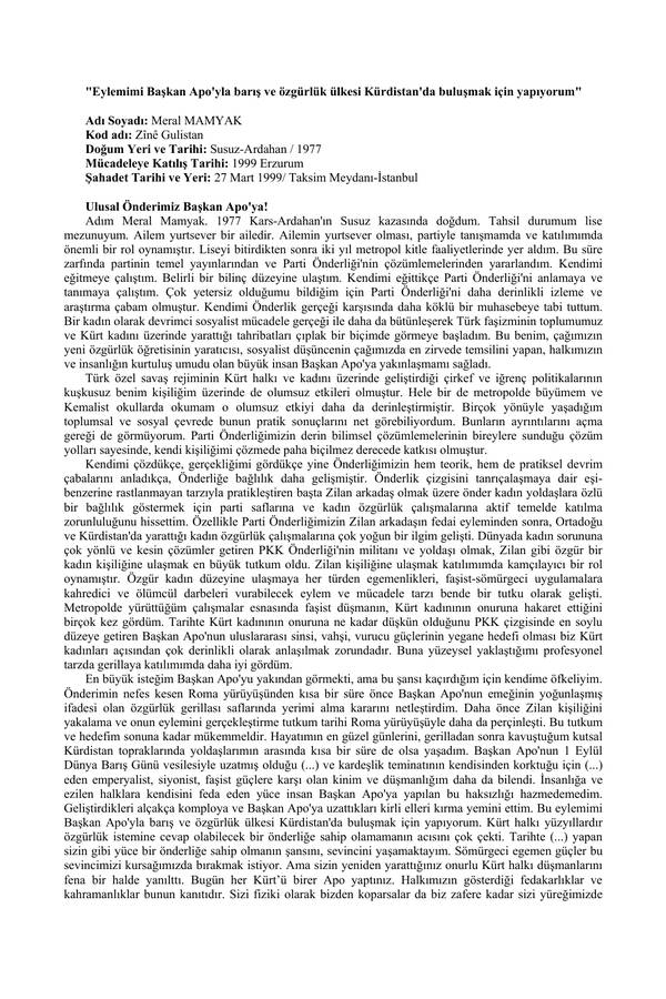 Zine Gülistan(Meral Mamyak) Mektubu kapağı